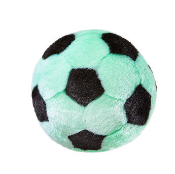 A plush soccer ball toy with mint green panels and black pentagons, photographed on a plain white background.