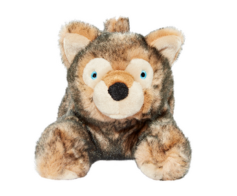 A plush stuffed animal shaped like a wolf or dog, with brown and tan fur, cream-colored snout and inner ears, blue eyes, and a black nose, photographed on a plain white background.