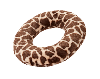A plush donut-shaped neck pillow featuring a brown and beige giraffe print pattern, shown on a solid white background.
