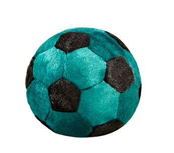 A plush soccer ball with a textured teal and black fuzzy pattern, isolated on a solid white background.
