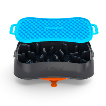 A 4-in-1 slow feeder for dogs with a blue lid, black body, and an orange detail.