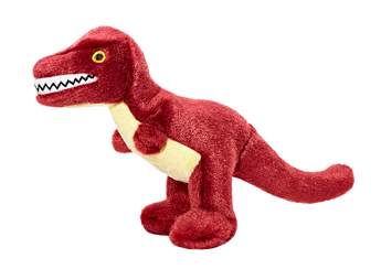 A plush dinosaur toy in dark red with a cream-colored underbelly, yellow eyes, and white teeth, shown against a plain white background.