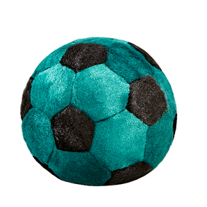 A plush soccer ball with a textured teal and black fuzzy pattern, isolated on a solid white background.
